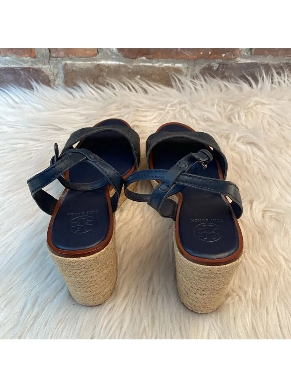 Tory Burch Roselle Navy Laser Cut Leather Platform Espadrille Sandals, Size 10.5